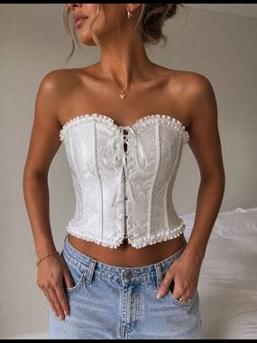 White Satin Brocade Corset Top | Coquette Fairycore Lace-Up Bustier